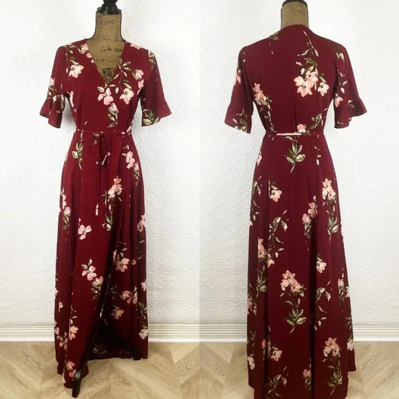 NWOT Lulus September Sunsets Burgundy Floral Print Wrap Maxi Dress - Picture 7 of 9